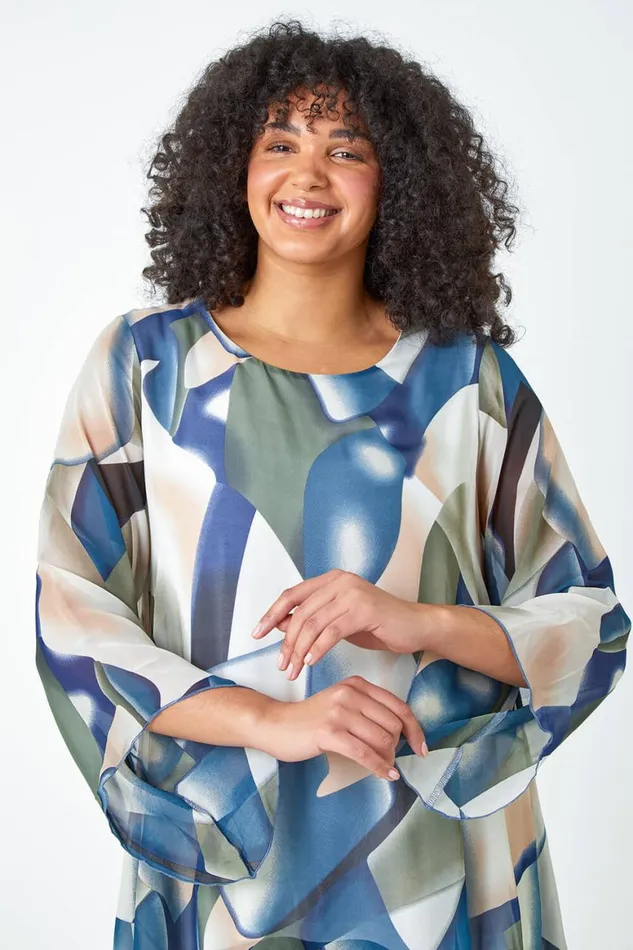 Women Navy Curve Abstract Chiffon Overlay Top Roman Tops