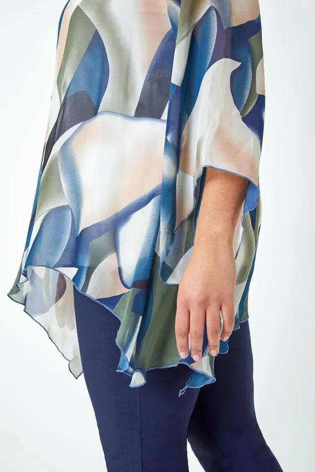 Women Navy Curve Abstract Chiffon Overlay Top Roman Tops