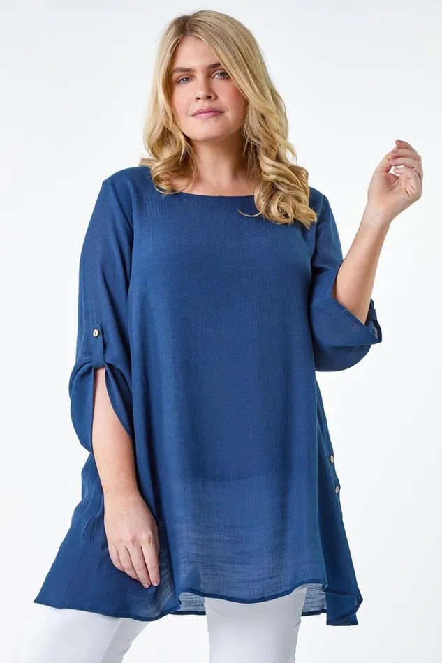 Women Navy Curve Button Detail Woven Top Roman Tops