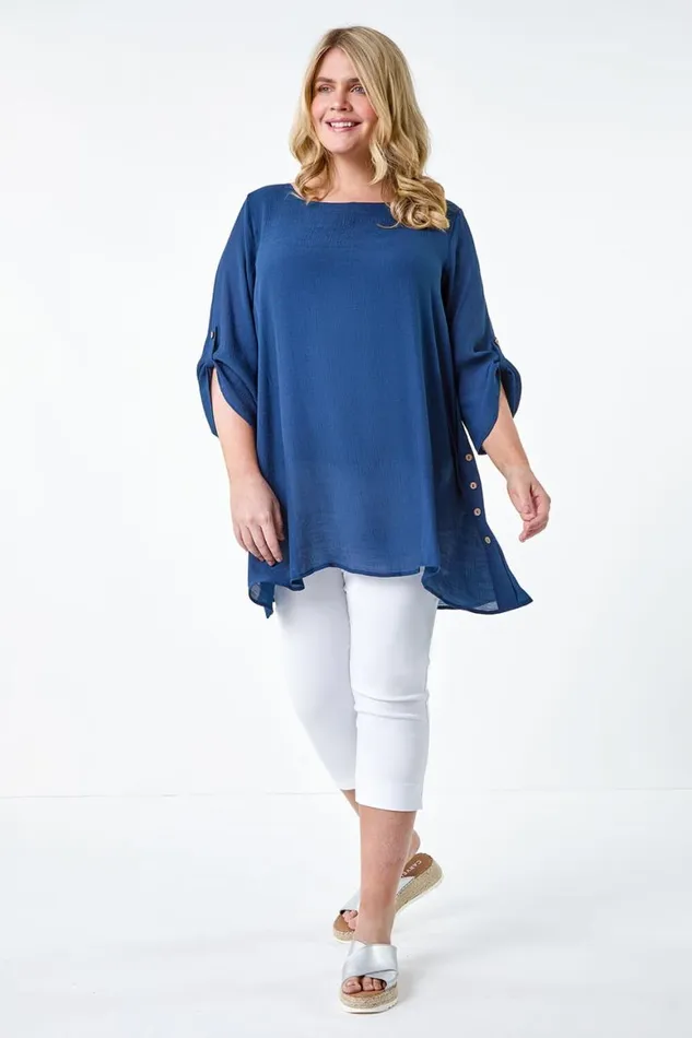 Women Navy Curve Button Detail Woven Top Roman Tops