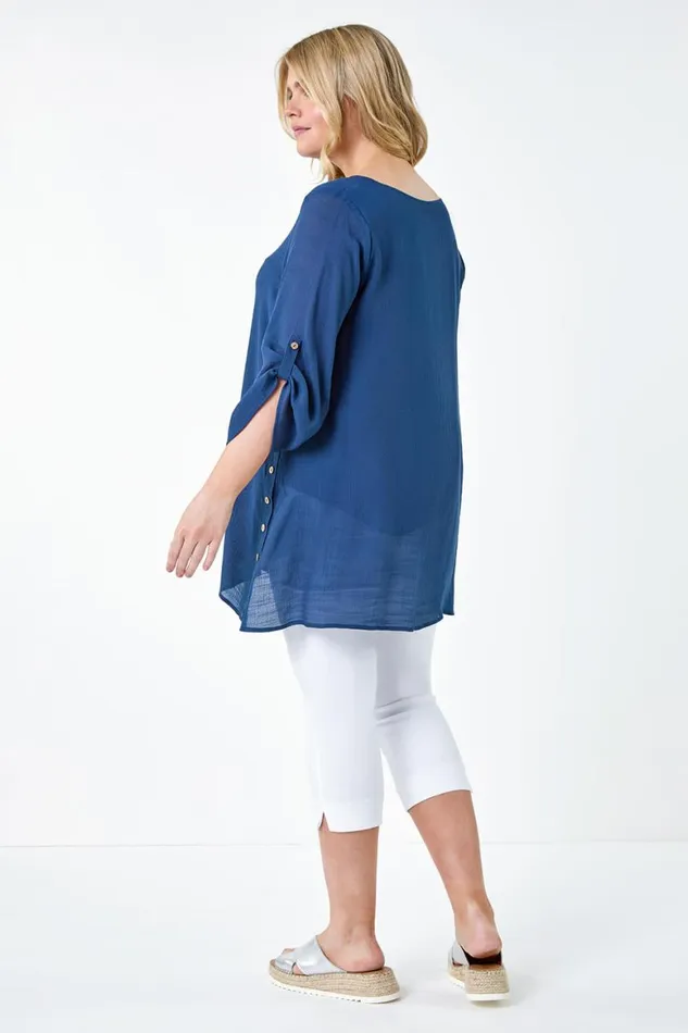 Women Navy Curve Button Detail Woven Top Roman Tops
