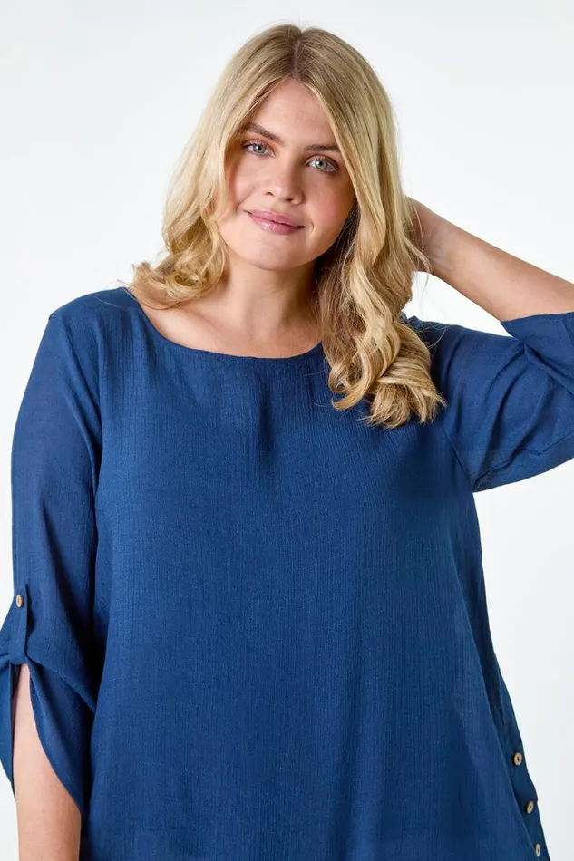 Women Navy Curve Button Detail Woven Top Roman Tops