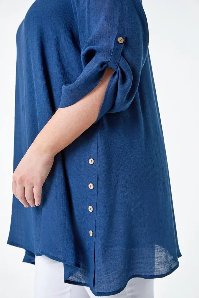 Women Navy Curve Button Detail Woven Top Roman Tops