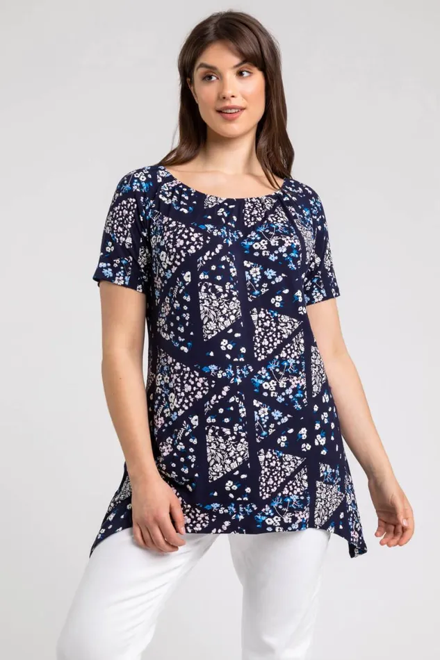 Women Navy Curve Ditsy Floral Swing Tunic Top Roman Tops