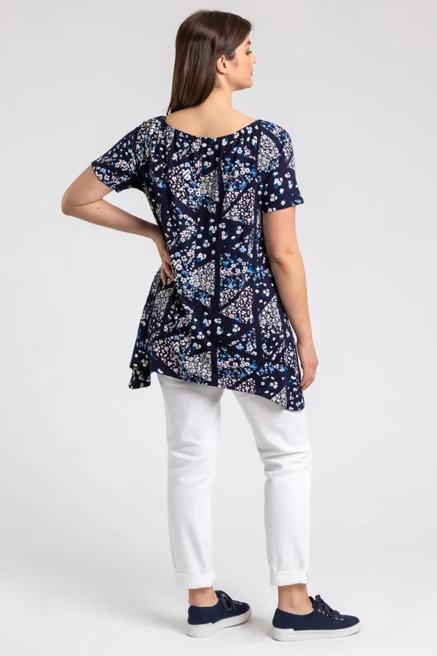 Women Navy Curve Ditsy Floral Swing Tunic Top Roman Tops