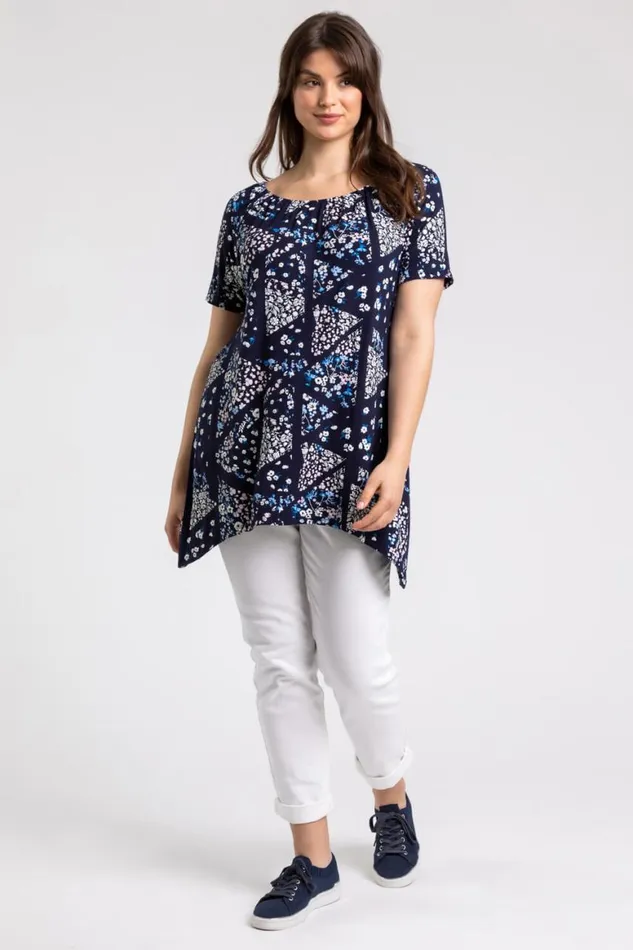 Women Navy Curve Ditsy Floral Swing Tunic Top Roman Tops