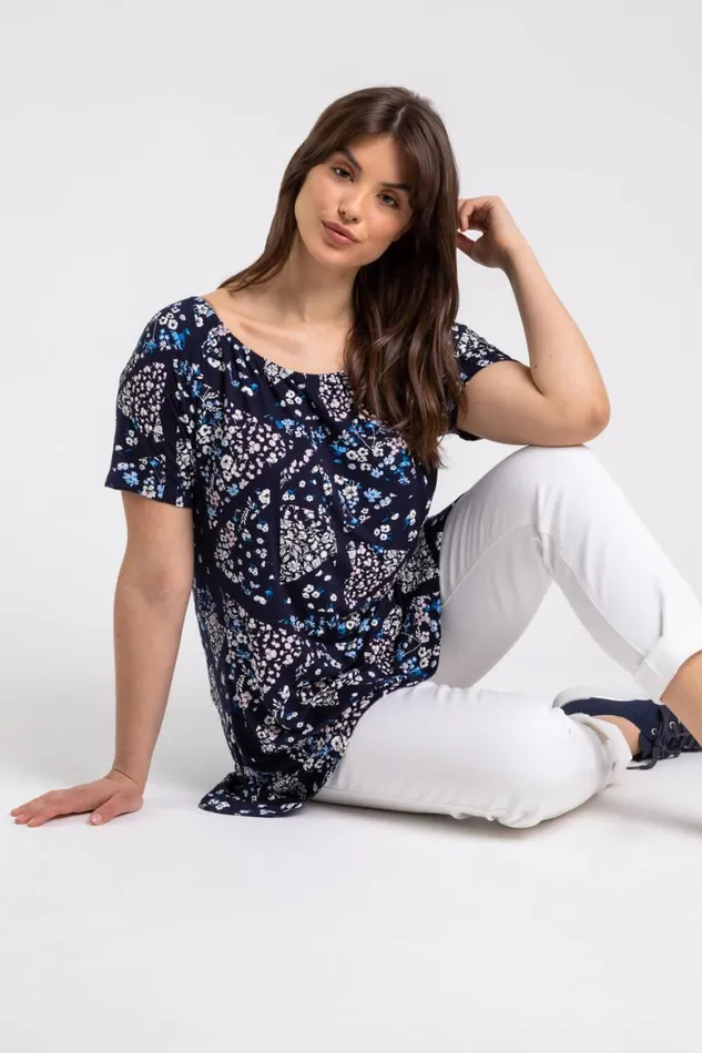 Women Navy Curve Ditsy Floral Swing Tunic Top Roman Tops