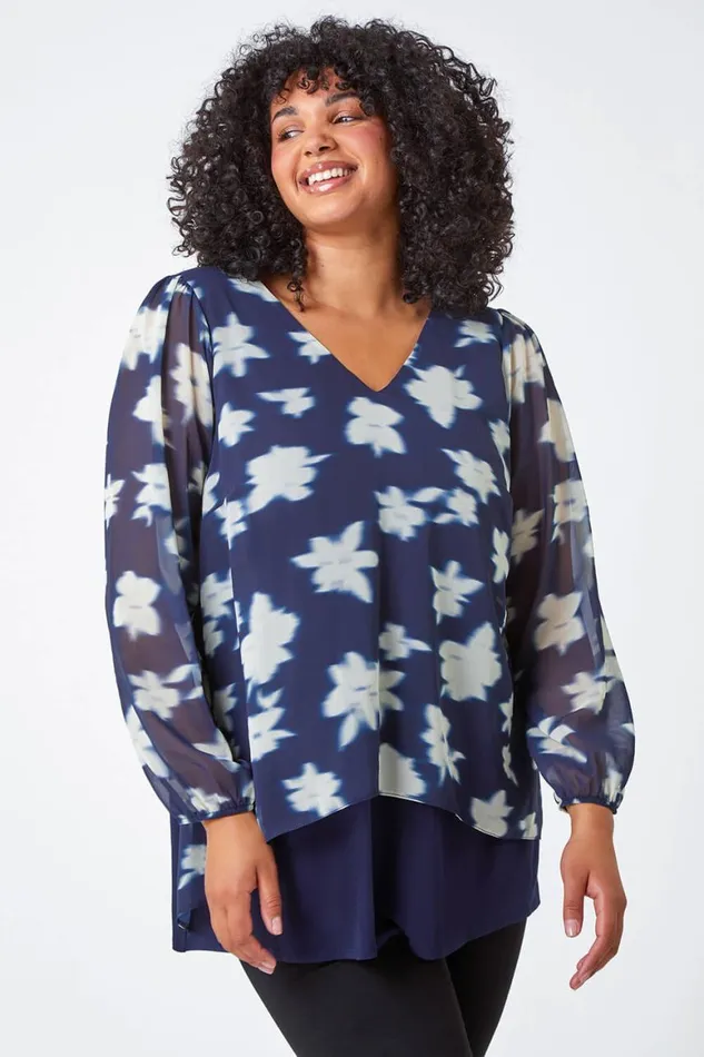 Women Navy Curve Floral Chiffon Overlay Tunic Top Roman Tops
