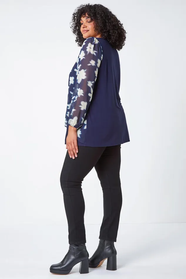 Women Navy Curve Floral Chiffon Overlay Tunic Top Roman Tops