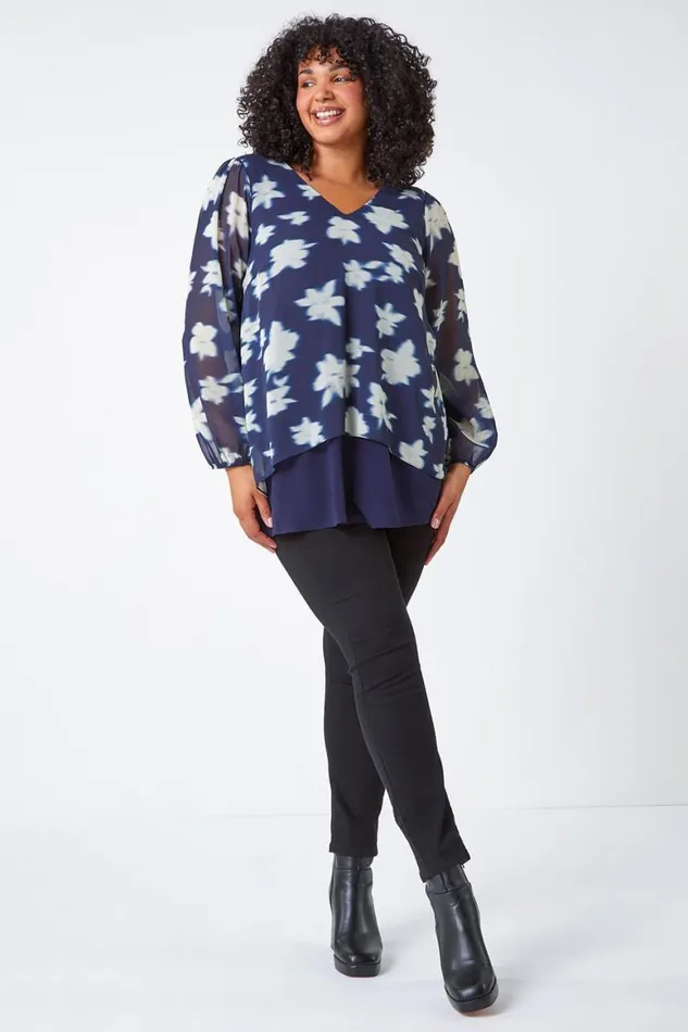 Women Navy Curve Floral Chiffon Overlay Tunic Top Roman Tops