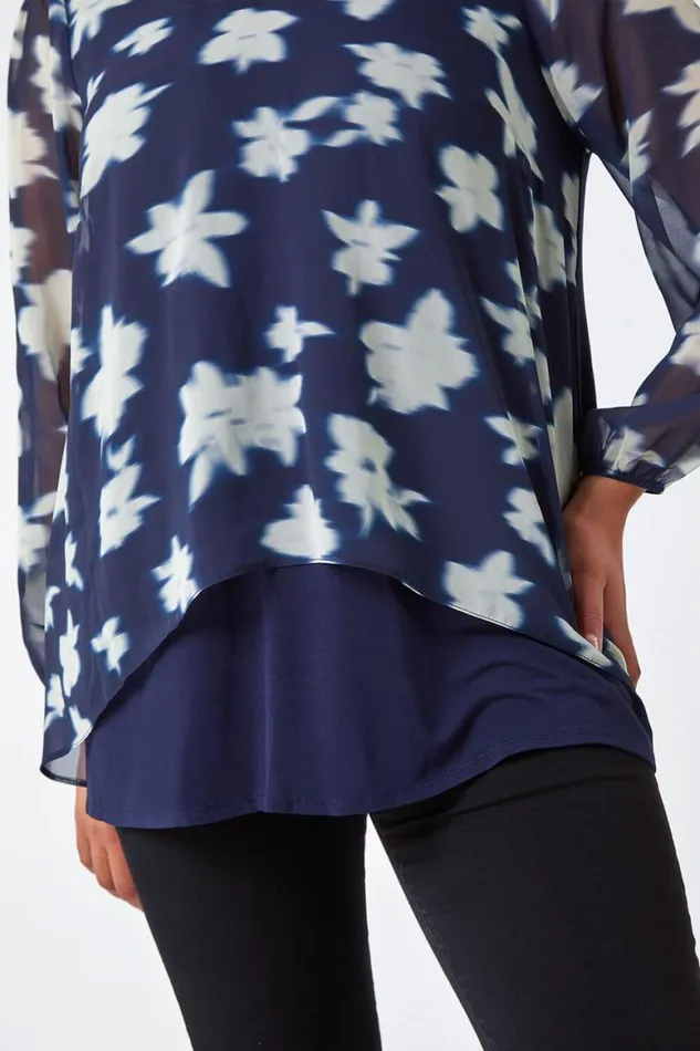 Women Navy Curve Floral Chiffon Overlay Tunic Top Roman Tops