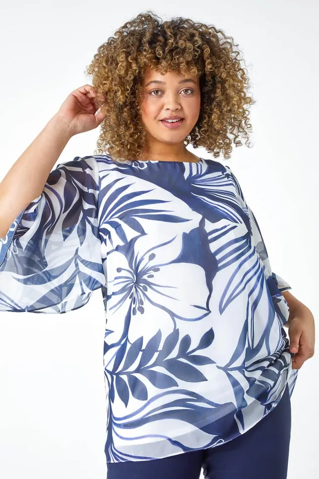 Women Navy Curve Leaf Print Chiffon Overlay Top Roman Tops