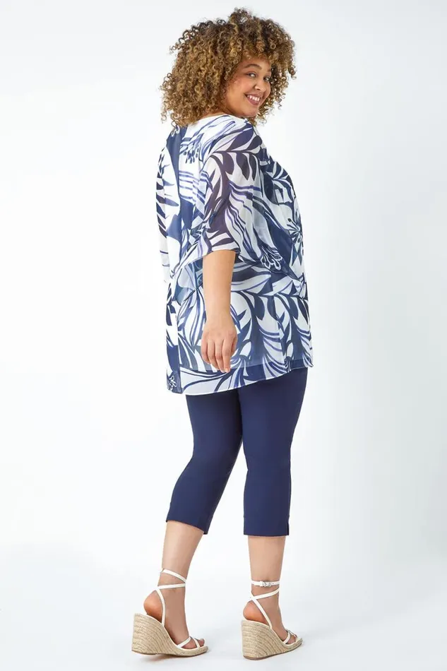 Women Navy Curve Leaf Print Chiffon Overlay Top Roman Tops