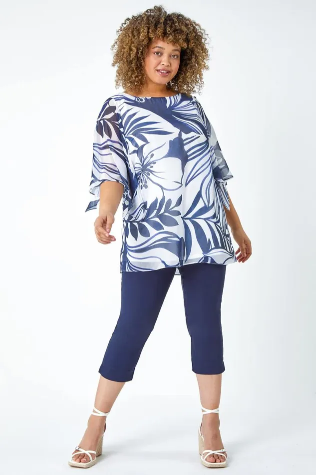 Women Navy Curve Leaf Print Chiffon Overlay Top Roman Tops