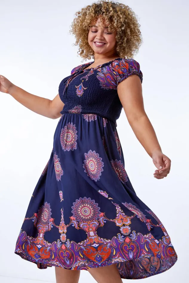 Women Navy Curve Paisley Print Stretch Midi Dress Roman Dresses