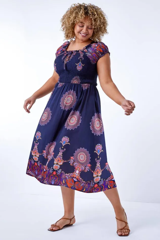 Women Navy Curve Paisley Print Stretch Midi Dress Roman Dresses