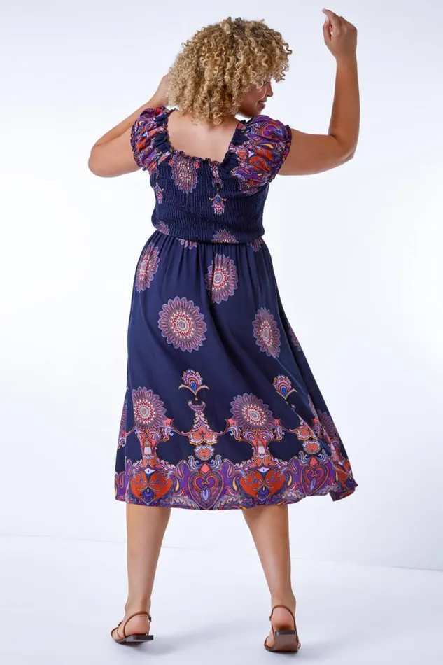 Women Navy Curve Paisley Print Stretch Midi Dress Roman Dresses