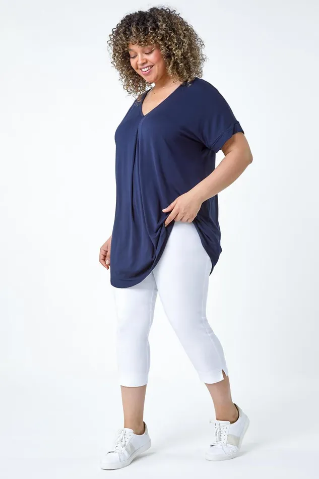 Women Navy Curve Plain Pleat Front VNeck Stretch Top Roman Tops