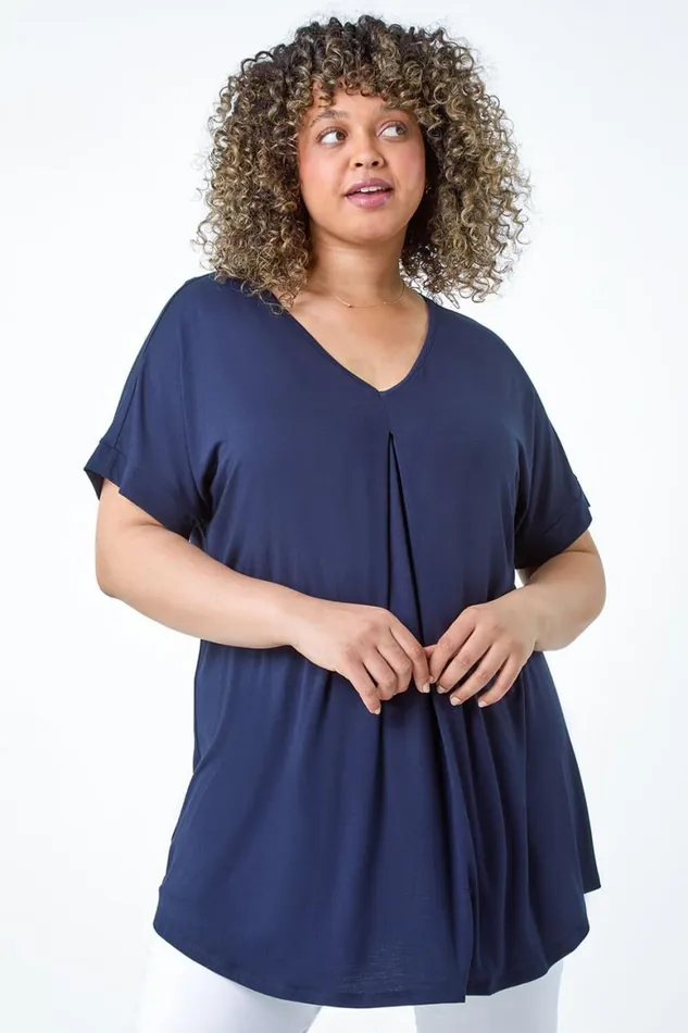 Women Navy Curve Plain Pleat Front VNeck Stretch Top Roman Tops