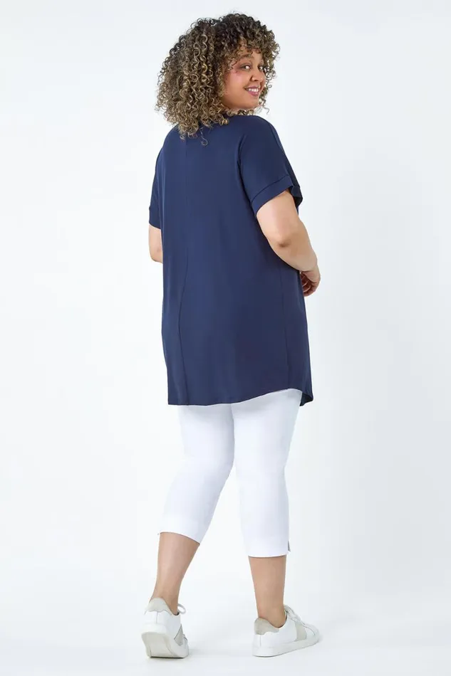 Women Navy Curve Plain Pleat Front VNeck Stretch Top Roman Tops