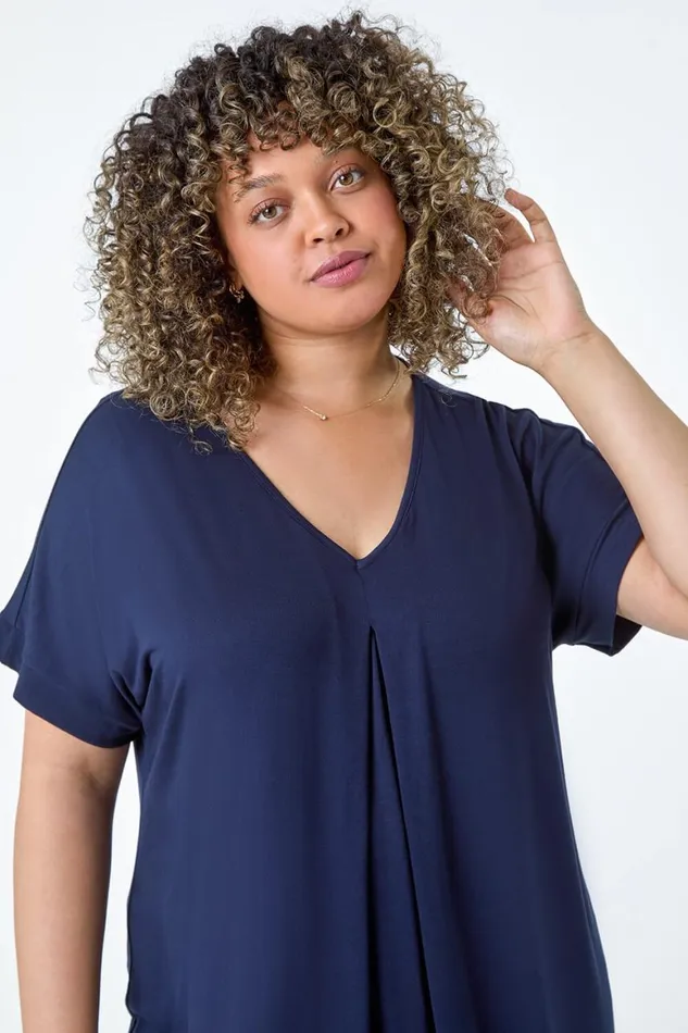Women Navy Curve Plain Pleat Front VNeck Stretch Top Roman Tops