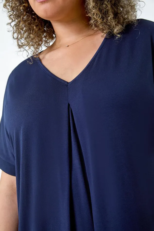 Women Navy Curve Plain Pleat Front VNeck Stretch Top Roman Tops