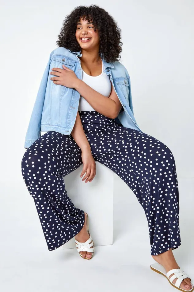 Women Navy Curve Spot Print Wide Leg Trousers Roman Trousers