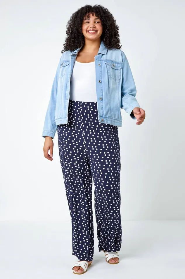 Women Navy Curve Spot Print Wide Leg Trousers Roman Trousers