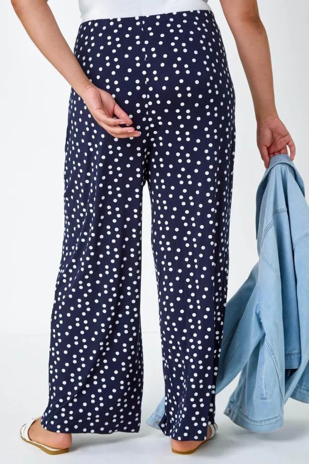 Women Navy Curve Spot Print Wide Leg Trousers Roman Trousers