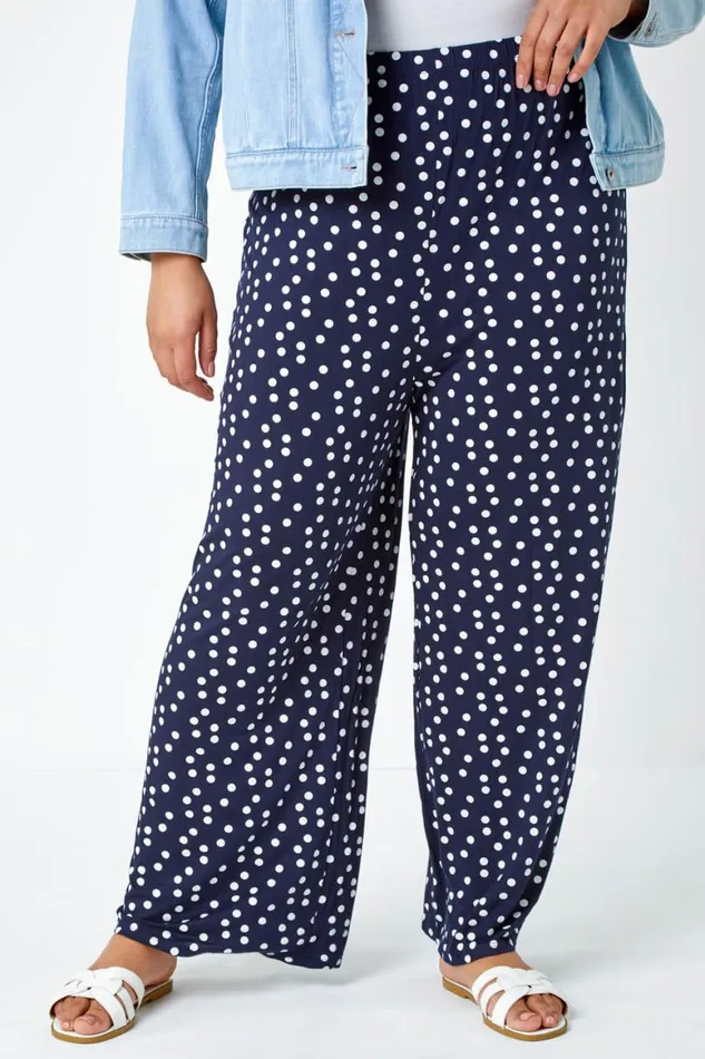 Women Navy Curve Spot Print Wide Leg Trousers Roman Trousers
