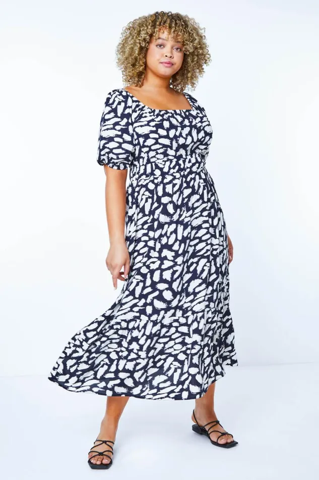 Women Navy Curve Stretch Waist Midi Dress Roman Dresses