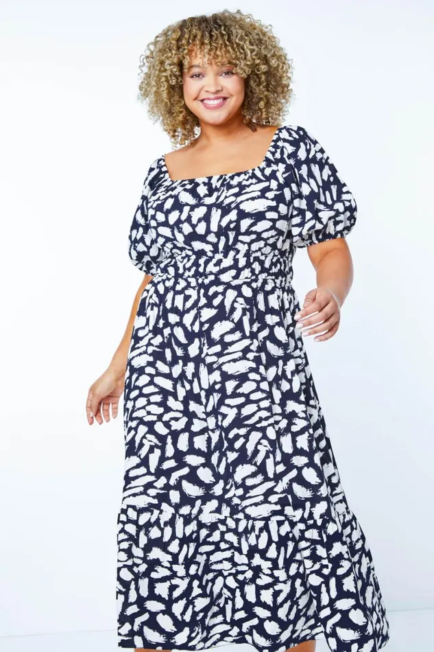 Women Navy Curve Stretch Waist Midi Dress Roman Dresses
