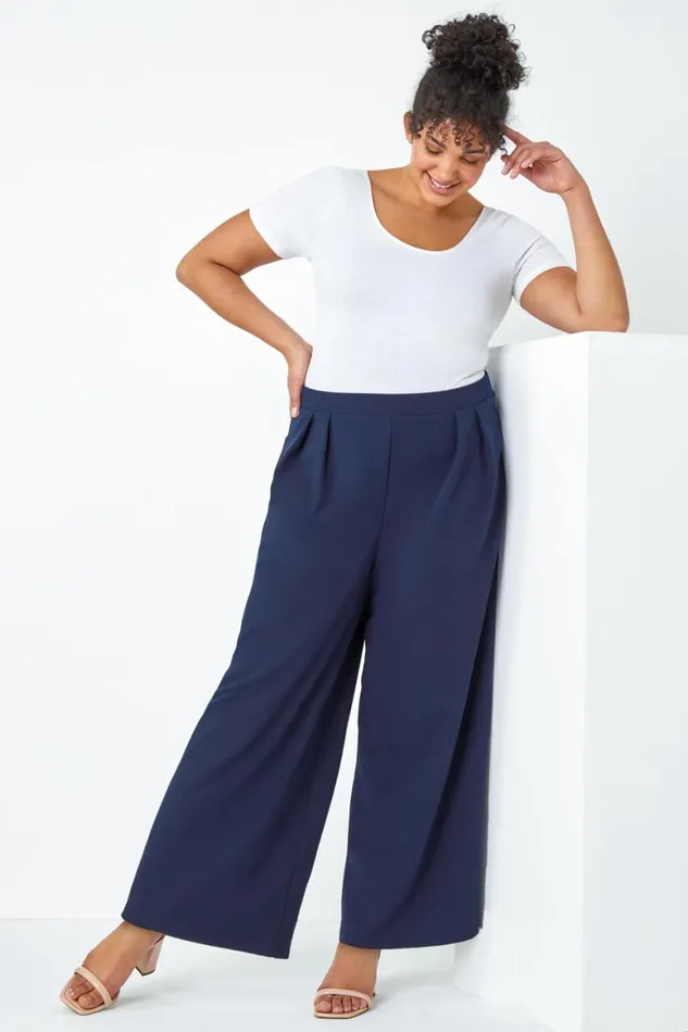 Women Navy Curve Wide Leg Pleat Elastic Waist Trousers Roman Occasionwear
