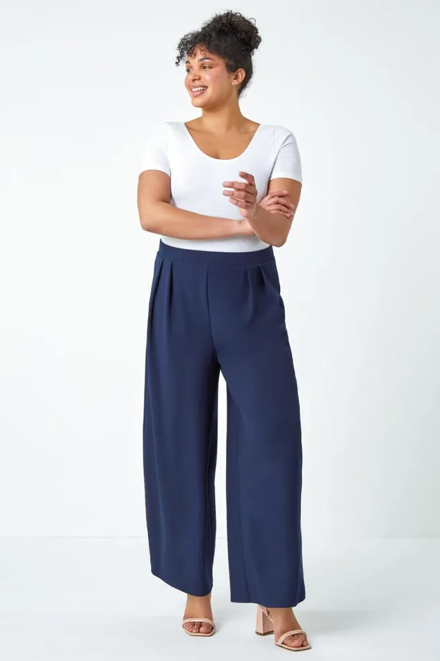 Women Navy Curve Wide Leg Pleat Elastic Waist Trousers Roman Occasionwear