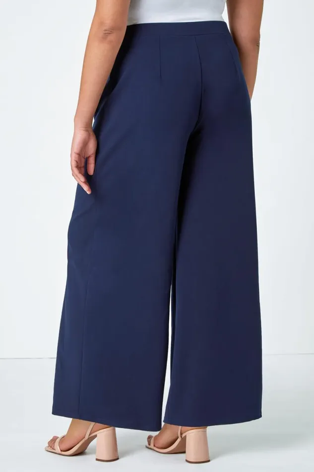 Women Navy Curve Wide Leg Pleat Elastic Waist Trousers Roman Occasionwear