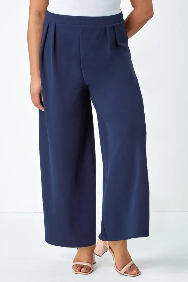 Women Navy Curve Wide Leg Pleat Elastic Waist Trousers Roman Occasionwear