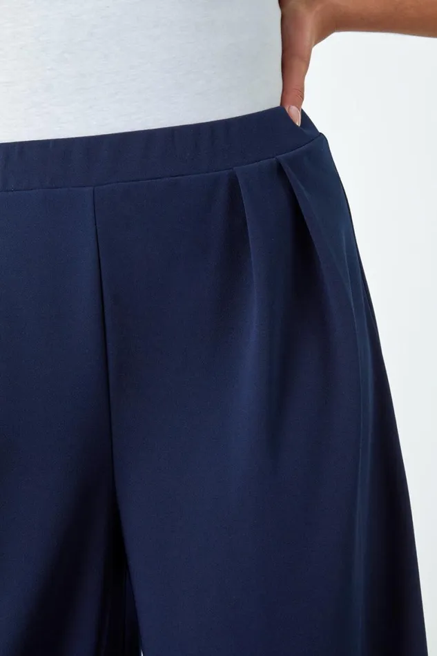 Women Navy Curve Wide Leg Pleat Elastic Waist Trousers Roman Occasionwear