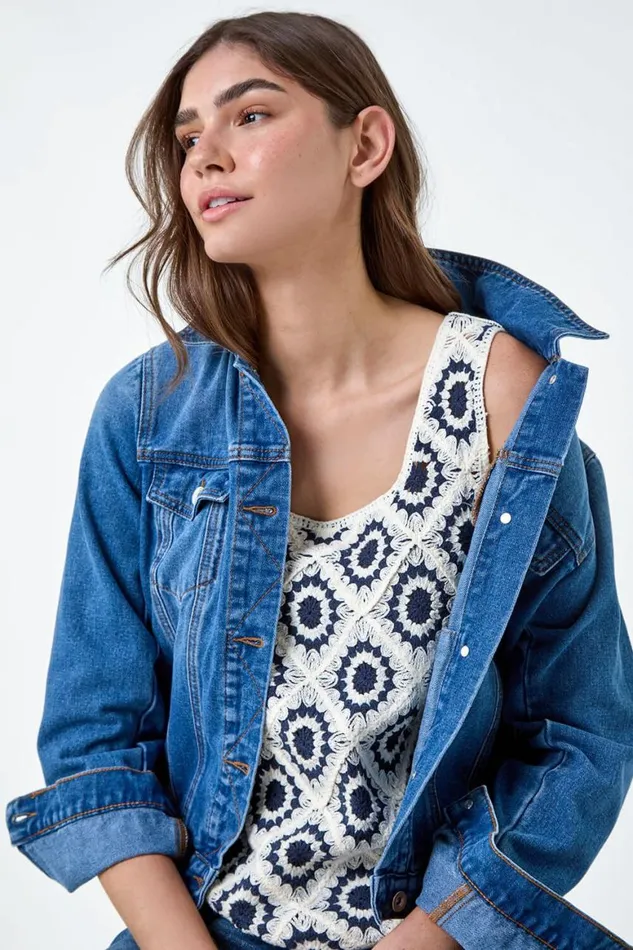 Women Navy Diamond Crochet Cotton Blend Vest Roman Tops