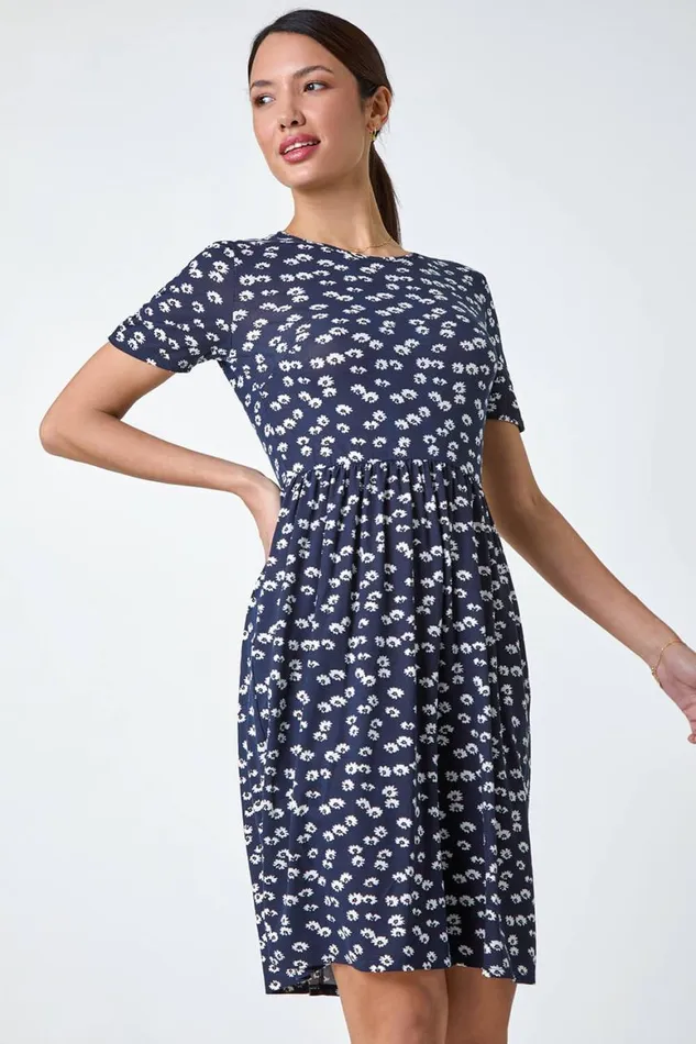 Women Navy Ditsy Floral Stretch Dress Roman Dresses