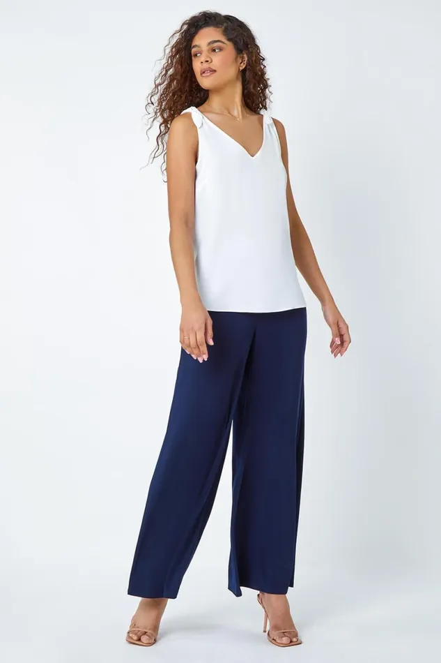 Women Navy Elastic Waist Super Wide Leg Stretch Trouser Roman Occasionwear