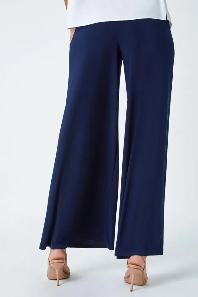 Women Navy Elastic Waist Super Wide Leg Stretch Trouser Roman Occasionwear