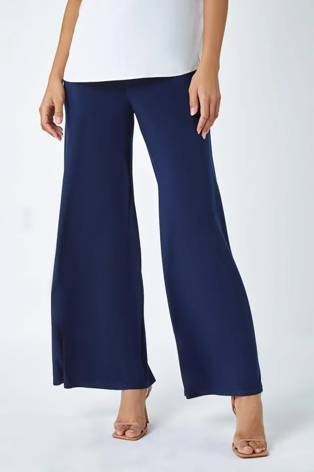 Women Navy Elastic Waist Super Wide Leg Stretch Trouser Roman Occasionwear