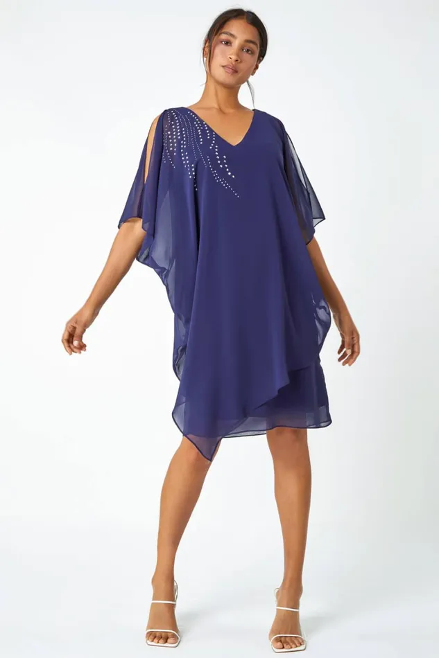 Women Navy Embellished Cold Shoulder Overlay Dress Roman Dresses