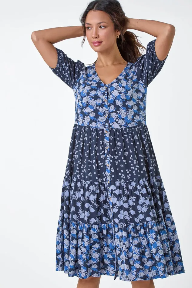 Women Navy Floral Cotton Blend Tiered Smock Dress Roman Dresses