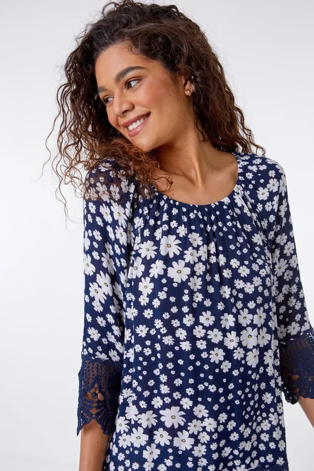 Women Navy Floral Print Lace Trim Top Roman Tops