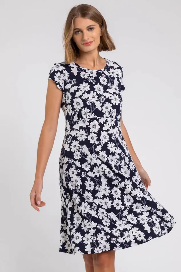 Women Navy Floral Print Stretch Jersey Tea Dress Roman Dresses