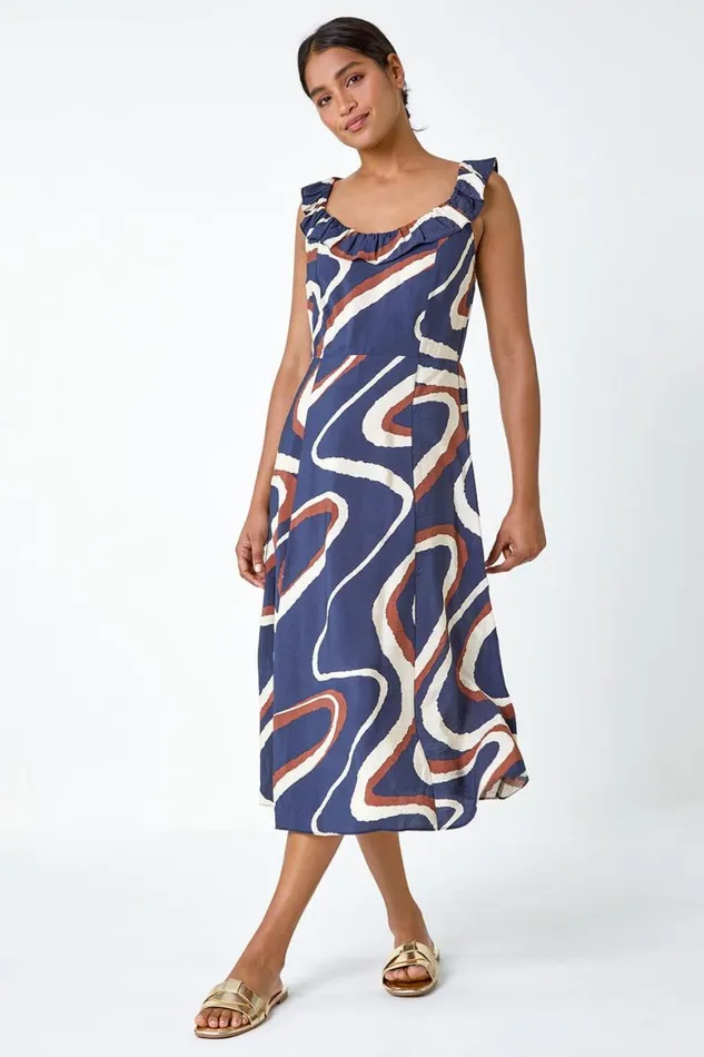 Women Navy Frill Neck Swirl Print Midi Dress Roman Dresses