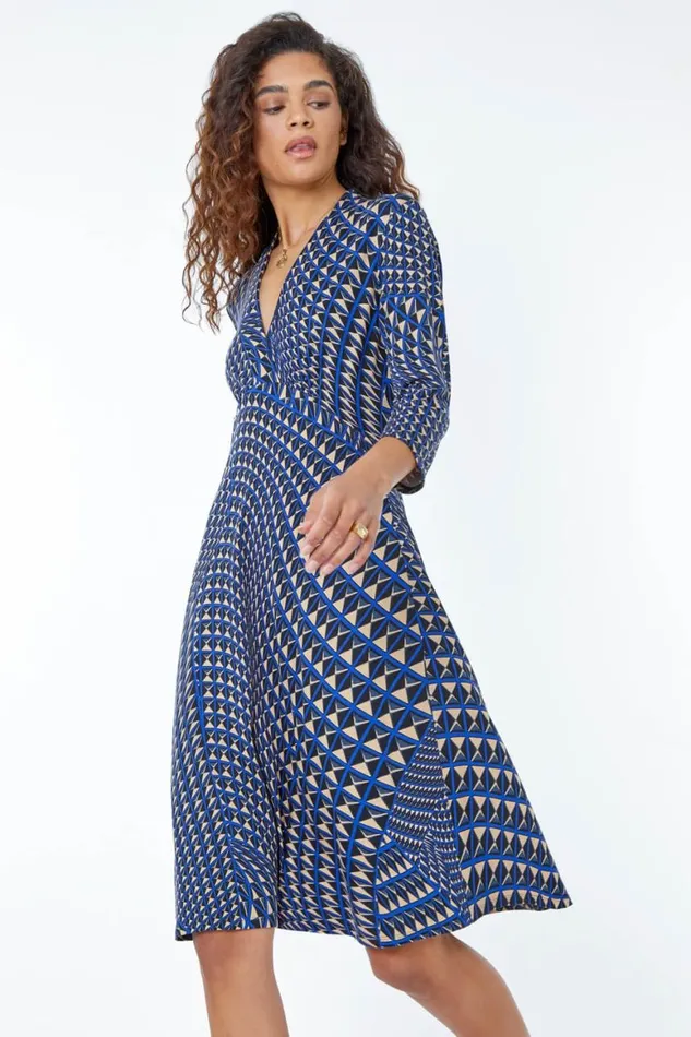 Women Navy Geometric Print Stretch Dress Roman Dresses
