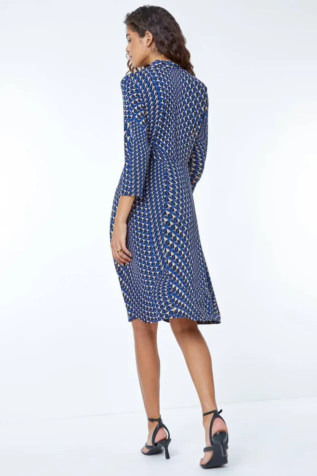 Women Navy Geometric Print Stretch Dress Roman Dresses