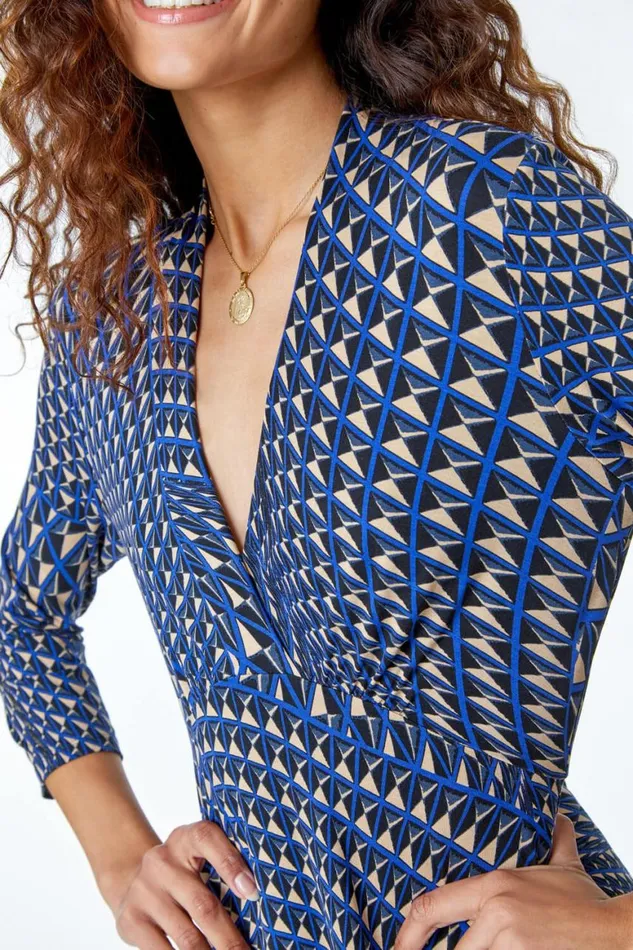 Women Navy Geometric Print Stretch Dress Roman Dresses